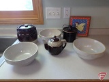 (3) crock bowls, crock covered container with wire handle, tea pot, crock with locking cover and