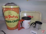 Vintage metal sifters, Old Dutch Potato Chips tin, metal trays. 6 pieces.