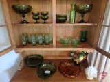 Green and Amber glass plus box of green glasses, hutch not included
