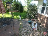 Outdoor decor, asst. bird feeders, shepard hooks, and statuary.