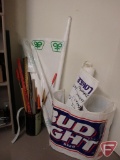 Bud Light banner, rulers, metal waste basket, blank Pioneer Corn banners