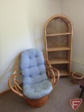 Rattan shelf, waste basket, swivel chair