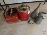 Gas cans, oil cans and funnels 5 pcs.