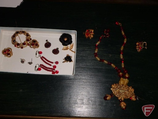 Ladies jewelry, necklace, earrings, pins, red/gold/black
