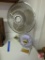 (2) tabletop fans 18in and 8in, Kmart box fan, wood storage chest, and vintage