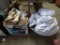 Comforter, bedskirt, curtains, towels. Contents of box and basket