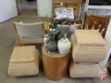 (3) rattan covered storage bins, wood table/stand, and (5) table lamps. 9 pieces