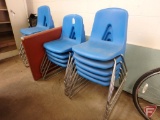 (14) blue plastic stacking chairs with metal legs and folding card table.