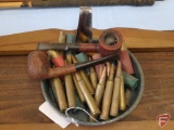 Wood 2 gun wall rack, (2) smoking pipes, ammunition