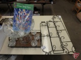 (3) metal plate racks, not matching, glass pedestal punch bowl with cups,