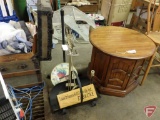 Fireplace tools, metal wood holder, thermometer, metal stand, table lamp, and