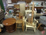 Round 27in end table with bottom storage, wood chair, painted wood rocking chair,