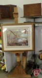 Framed and matted farming print, 27inHx31inW, wood easel, metal coat rack,