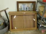 Wood/glass locking display case 29inx45inx8in, with keys, framed mirrors,
