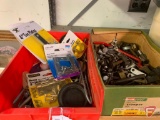 Large assortment of hardware, plastic battery boxes-only one with cover.