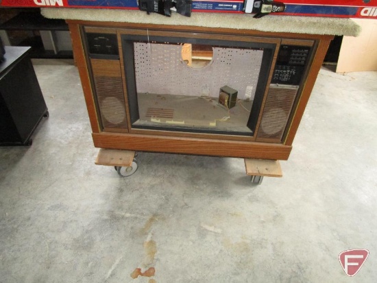 (12) Vintage wooden television case, converted to rolling shop carts with carpeted work area