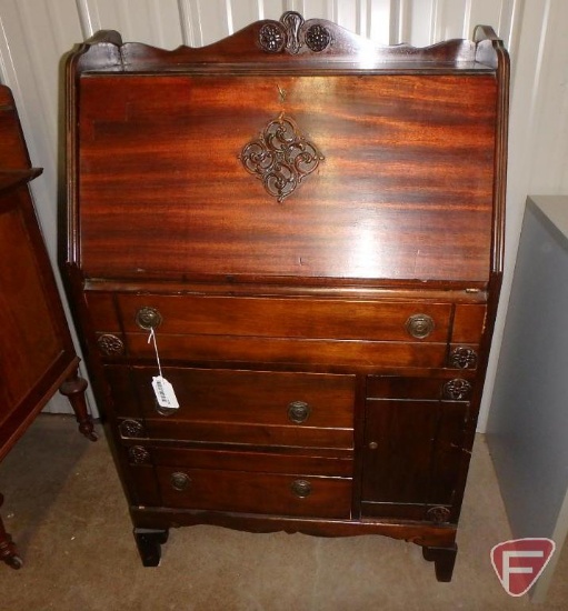 Vintage wood secretary desk with 3 drawers, 1 door, lock with key 43inHx28inWx13inD