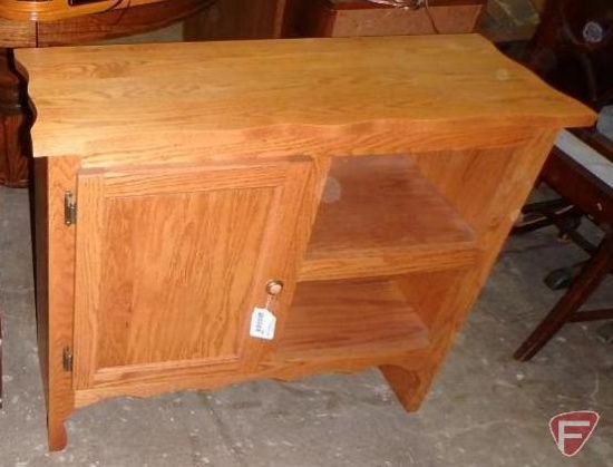 Wood cabinet/shelf, 30inHx36inWx14inD and 3pc wood nesting tables, largest 22inHx26inWx17inD