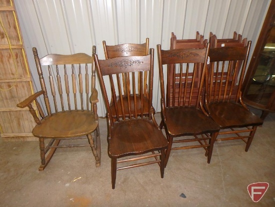 (4) matching wood chairs, (4) wood folding chairs, and one wood rocker. 9 pieces