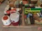 Records, (LPs, 45s, others) thermoses, sandwich tote with thermoses, Avon perfume/cologne bottles
