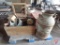 Wooden crates, milk can, kitchen scale, galvanized pail, feed scoop, old automotive