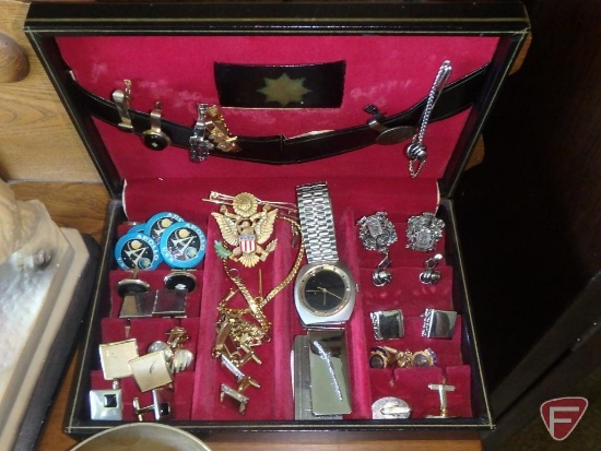 Men's jewelry, cufflinks, tie clips, pins, money clip, pocket knife, General Mills wrist watch