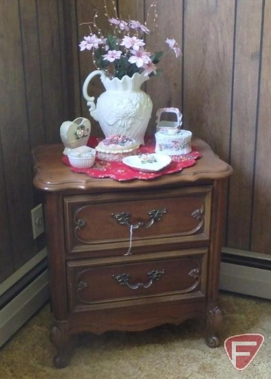 Wood nightstand, 2 drawers, 24inHx23inWx15inD, trinket boxes and tray, pin cushion, vases