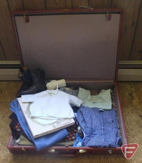 Vintage Samsonite suitcase with children's clothes and western boots. Suitcase and all contents