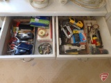 Hand tools, Powergun stapler, staples, letter openers, thermometer, keys, pocket knife, and more