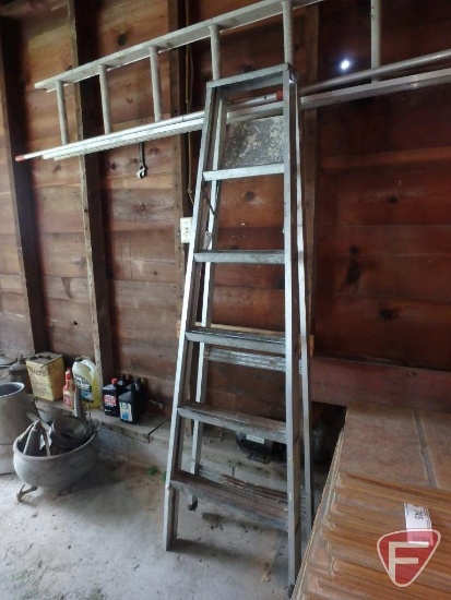 Aluminum 6 foot ladder, aluminum extension ladder, and snow rake.