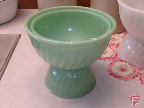 Green jade Fire King swirl nesting bowl set