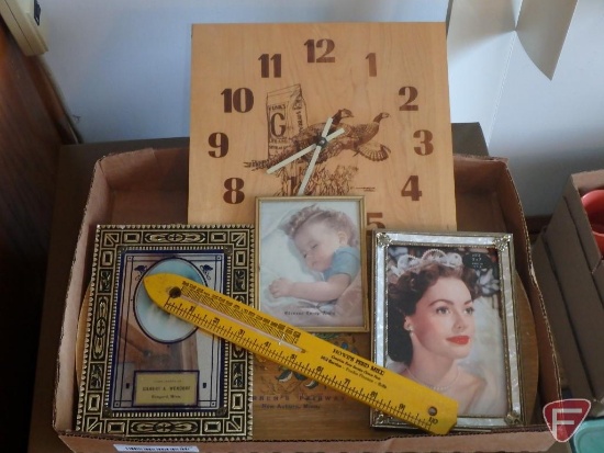 Local advertising pictures, rulers and clock, New Auburn, Glencoe, Bongards, and Howe Feedmill