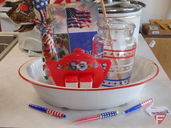 Red/White/Blue, salt/pepper, water pitcher, Star Spangled Banner book, ink pens