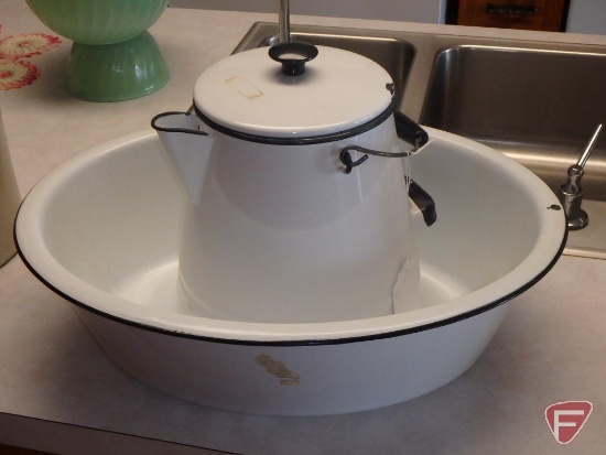 Black and white enamelware, dishpan and coffee pot