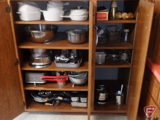 Corningware casseroles, metal bowls, cake pans, strainers, rolling pins, electric knife.