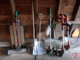 Yard and garden tools, rakes, shovels, creeper, rolling magnet, pole saw, slow moving vehicle sign,