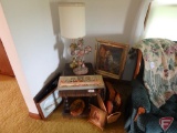 Wood end table, table lamp, and religious pictures/decor