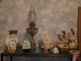 Hurricane lamp, tea pots, vases, shells, bird cage stand,