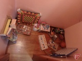 Tank Command game, wood blocks, Lite Brite, child's table and chair. All items in closet.