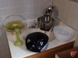 Green glass bowl and candle holder, metal basket, Hamilton Beach mixer, bowls might not match,