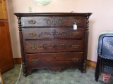 Vintage wood dresser, missing hankie drawers, on wheels, 4drawers, 38inHx42inWx18inD.