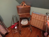 Metal and wood tea cart, metal towel stand, picnic basket, port-a-crib, metal stroller,