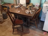 Vintage wood table with 4 leaves, 3 non-matching chairs.