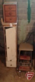 Wood organizer drawer and wood cupboard with drill bits and sanders, and step stool.