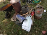 Metal wheelbarrow, (3) aluminum scoop shovels, plastic lawn rakes, silage fork, apple picker,