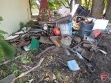 Scrap metal: enamel stove, rolls of fencing, sheet metal, material, swing set, garage door track