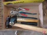 Ball peen hammer, claw hammer, short handled mallet, adjustable pliers, small adjustable wrench