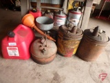 (3) metal: Pennzoil, (3) poly gas cans, (2) galvanized gas cans, funnels