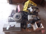 Tractor parts, chains, grease guns, small gasoline engine, drain pans, starter, alternator, saw,