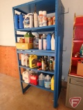 Metal shelf and contents: Windshield washer, Husqvarna bar and chain oil, anti-freeze,